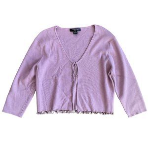 August Silk Knits Purple Cropped Ribbed Open Tie Front Beaded Tassle Cardigan XL